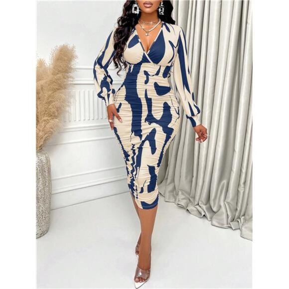 Autumn V-Neck Lantern Sleeve Pleated Elastic Waist Elegant Floral Print Dress